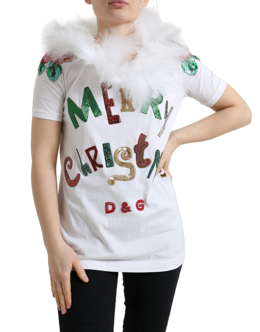 White t-shirt with Christmas greeting and feather boa