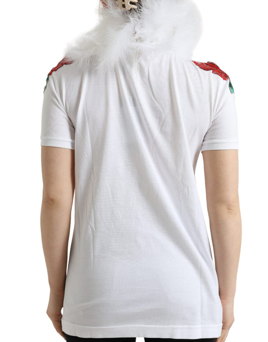 White shirt with red trim and white fur collar
