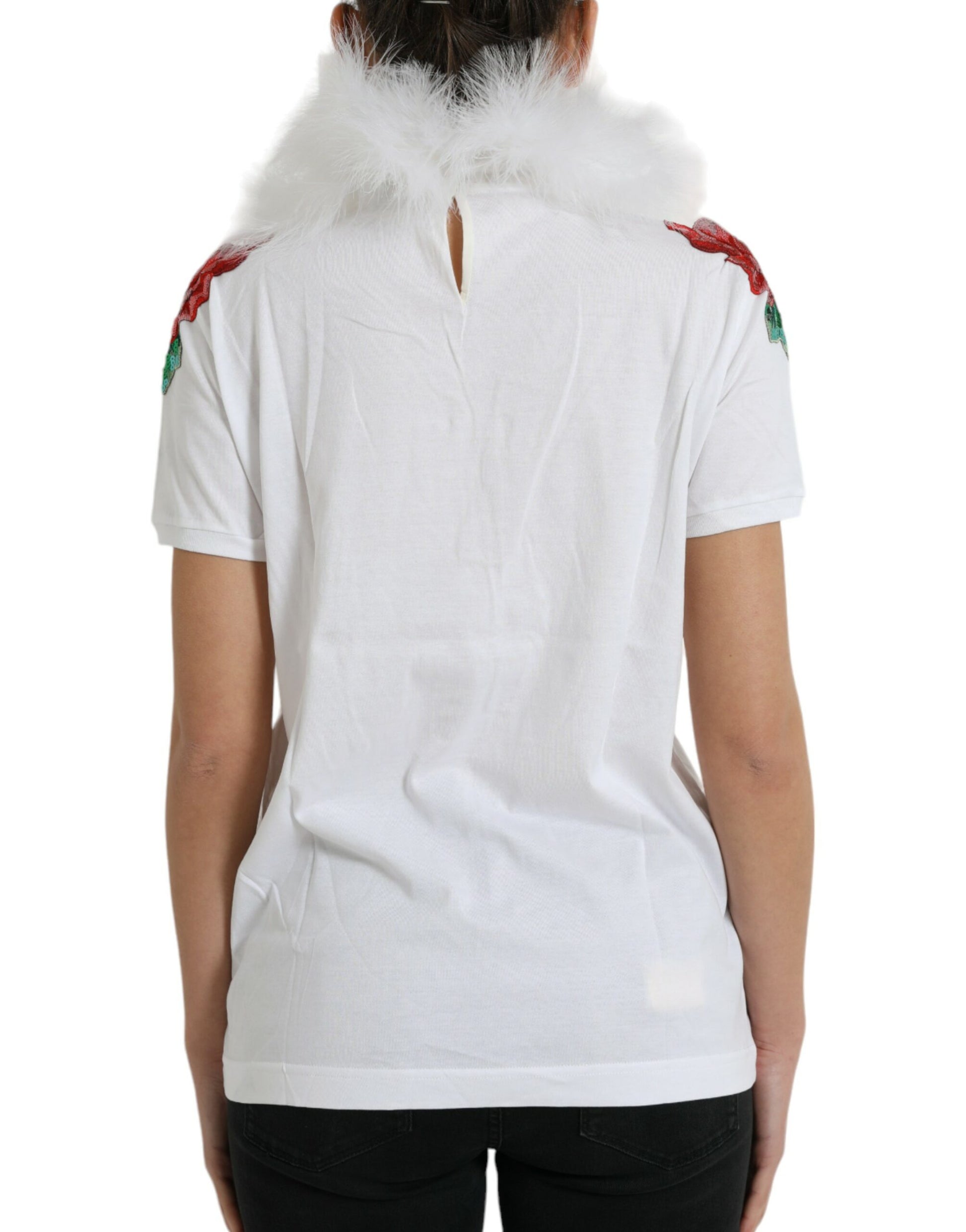White shirt with red and green design on back