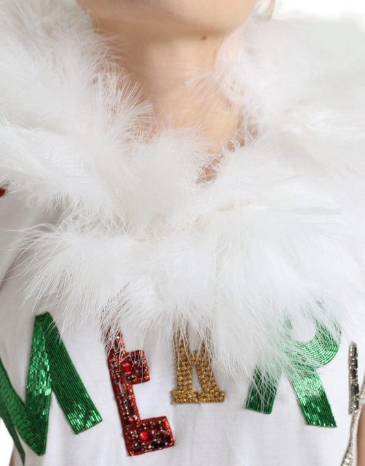 White feather boa around neck