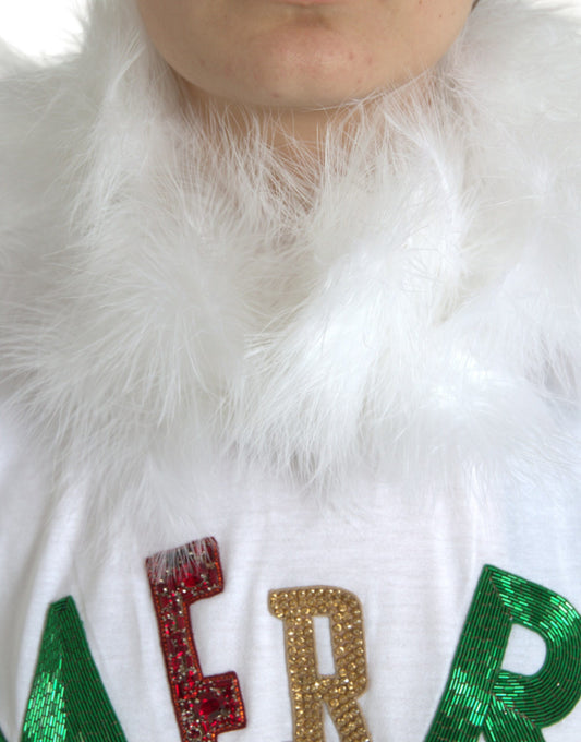 Man wearing white shirt with red glittery letters
