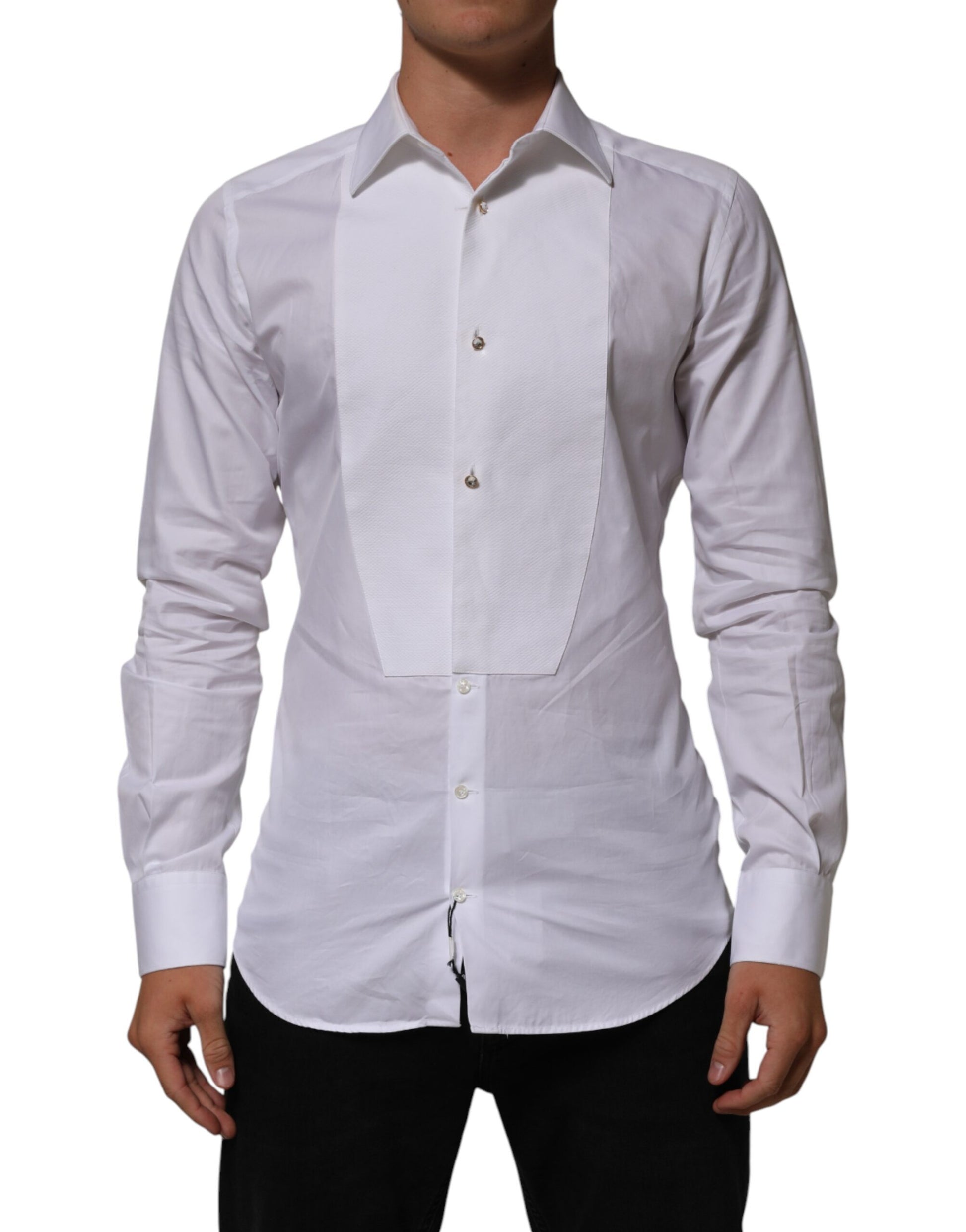 A white cotton collared bib shirt with gold detailing