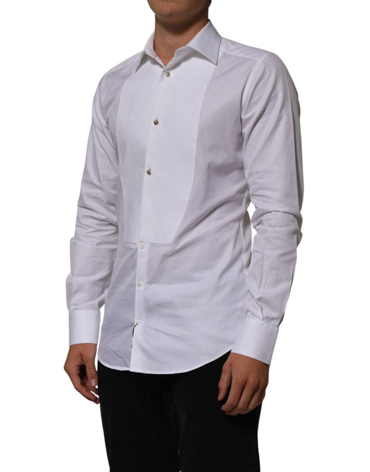 White cotton collared bib shirt with gold buttons