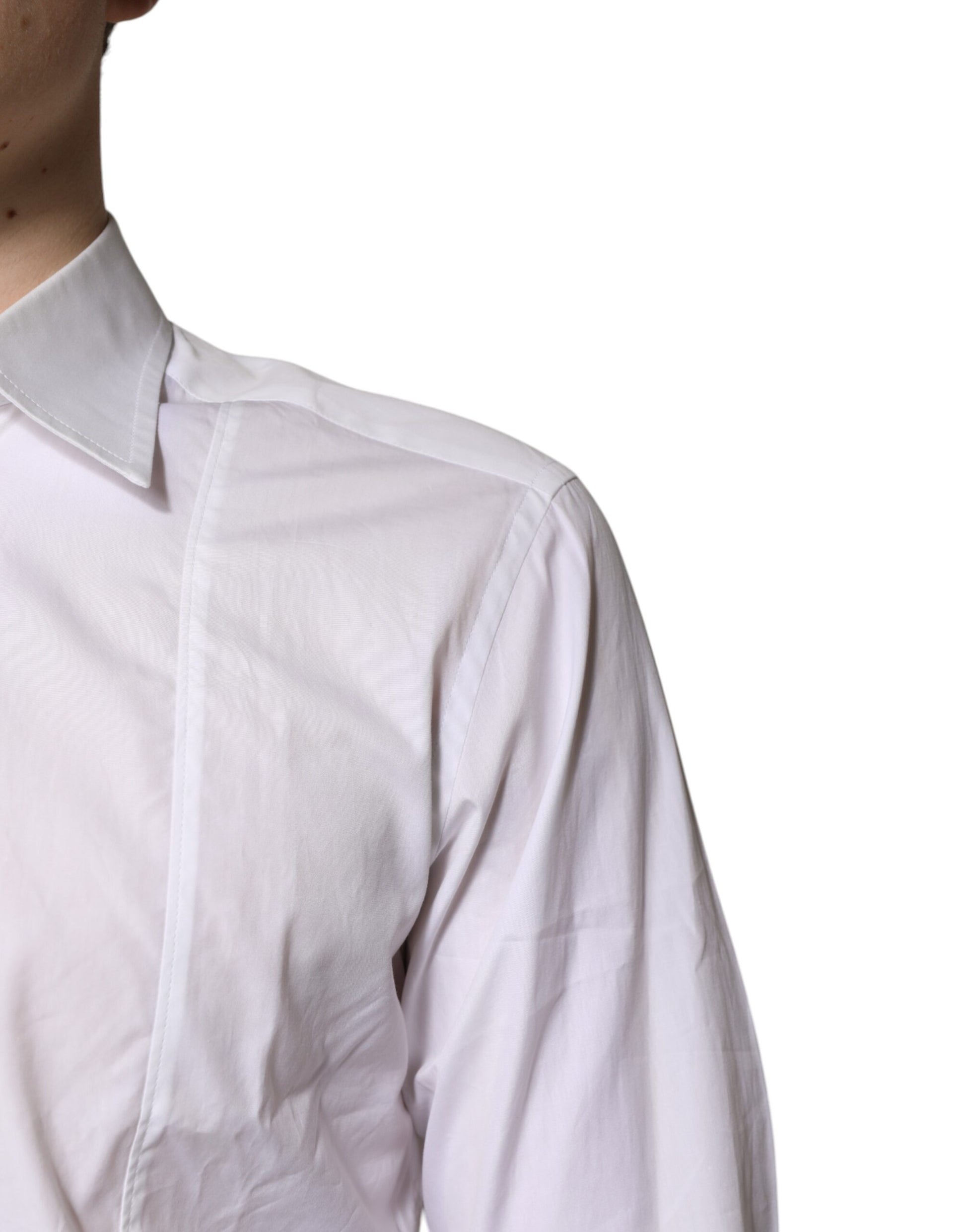 A white cotton collared dress shirt with a formal design