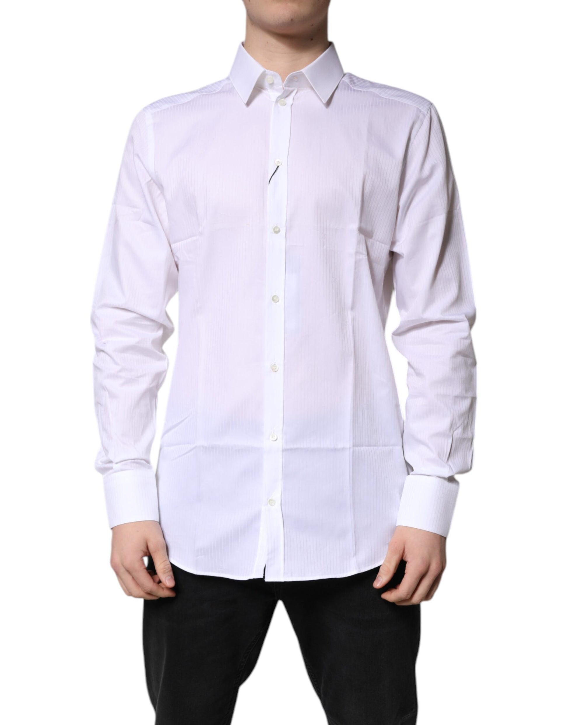 A white collared shirt with a gold design on the front, part of a formal dress collection