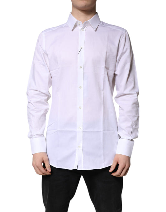 A white collared shirt with a gold design on the front, part of a formal dress collection