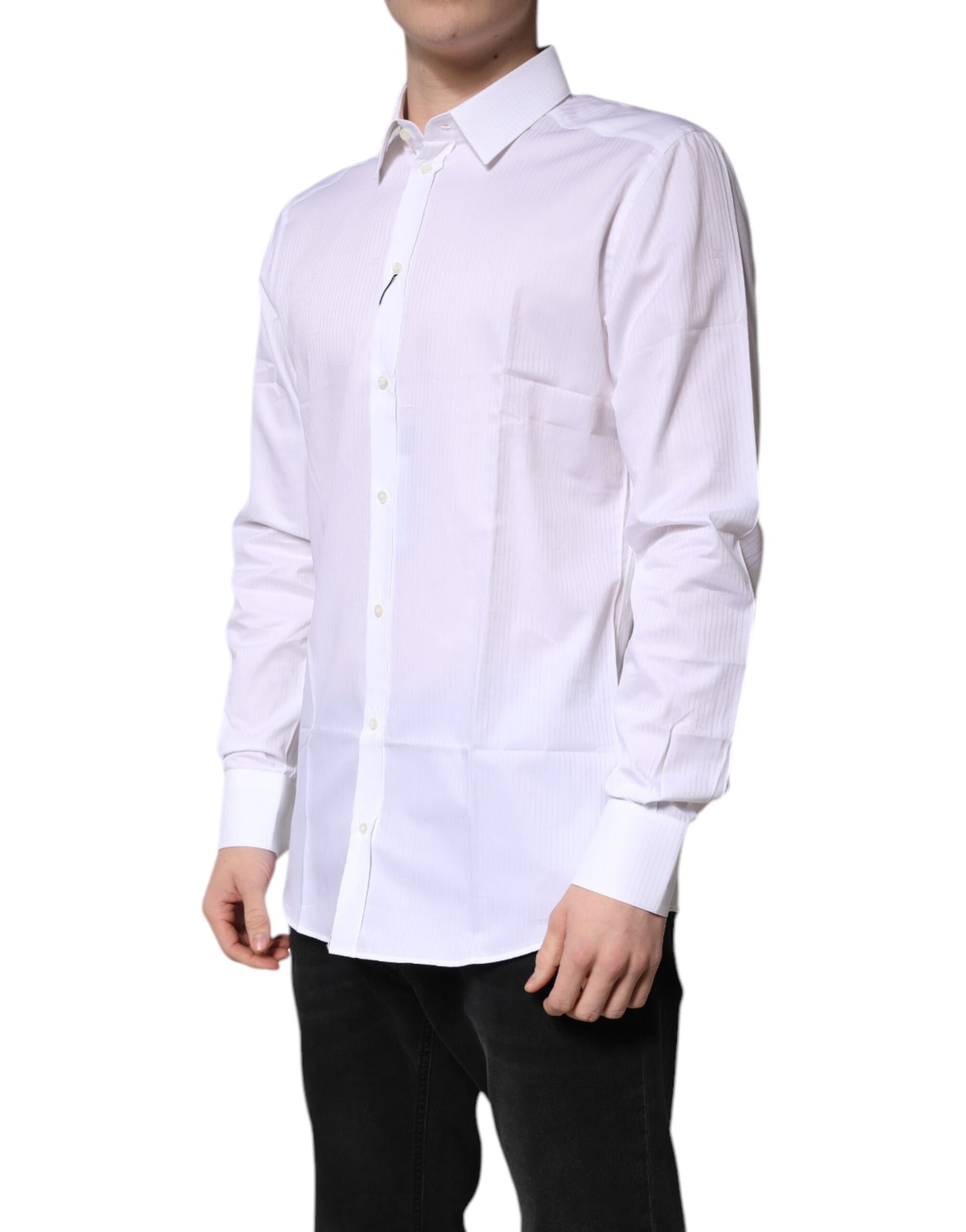 A white cotton collared shirt with a gold design, part of the formal wear collection by Dolce & Gabbana
