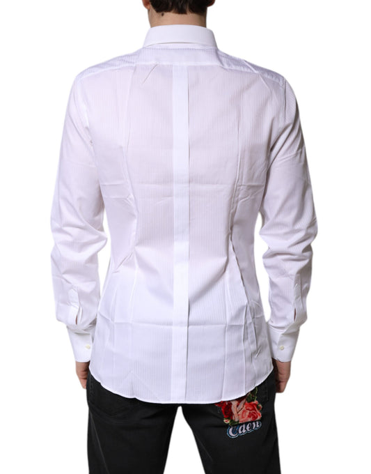 A white cotton collared shirt with a gold design on the front