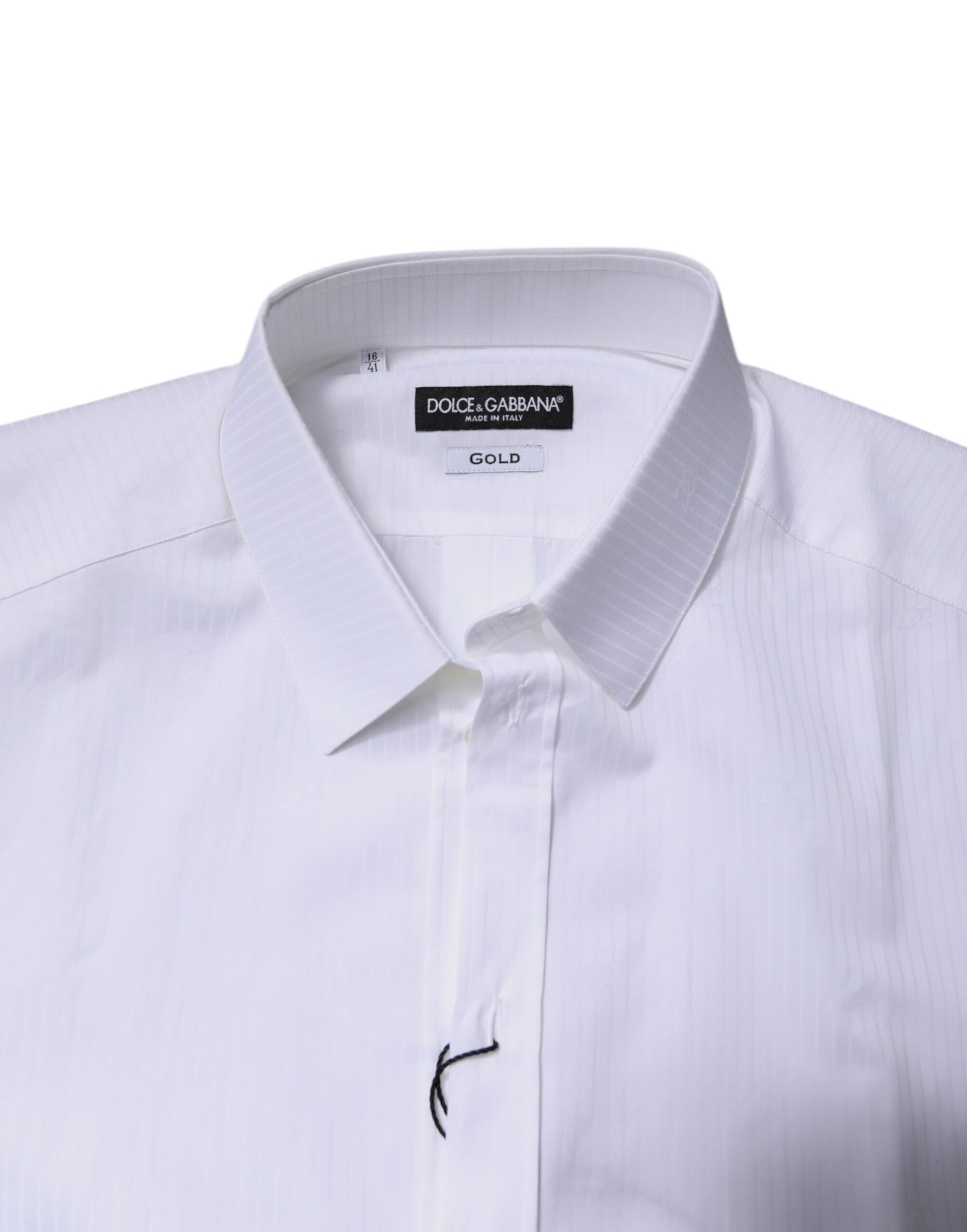 A white cotton collared shirt with a gold label from Dolce & Gabbana