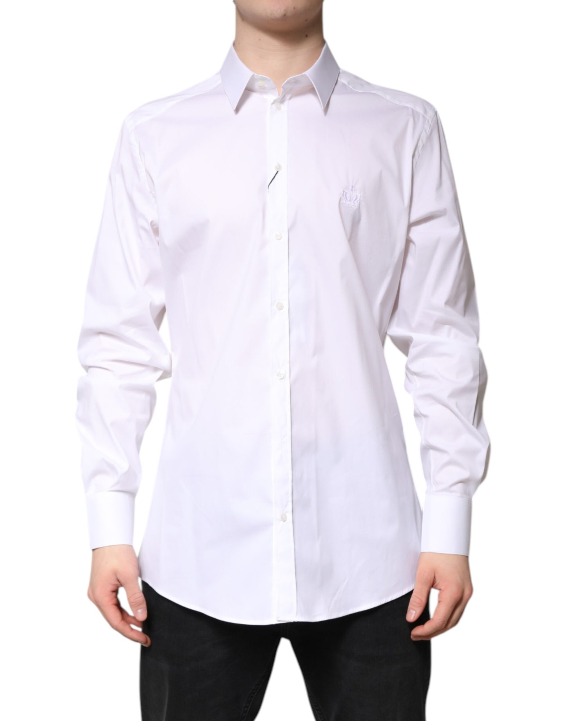 A white cotton collared shirt with gold detailing, part of a formal dress collection by Dolce & Gabbana