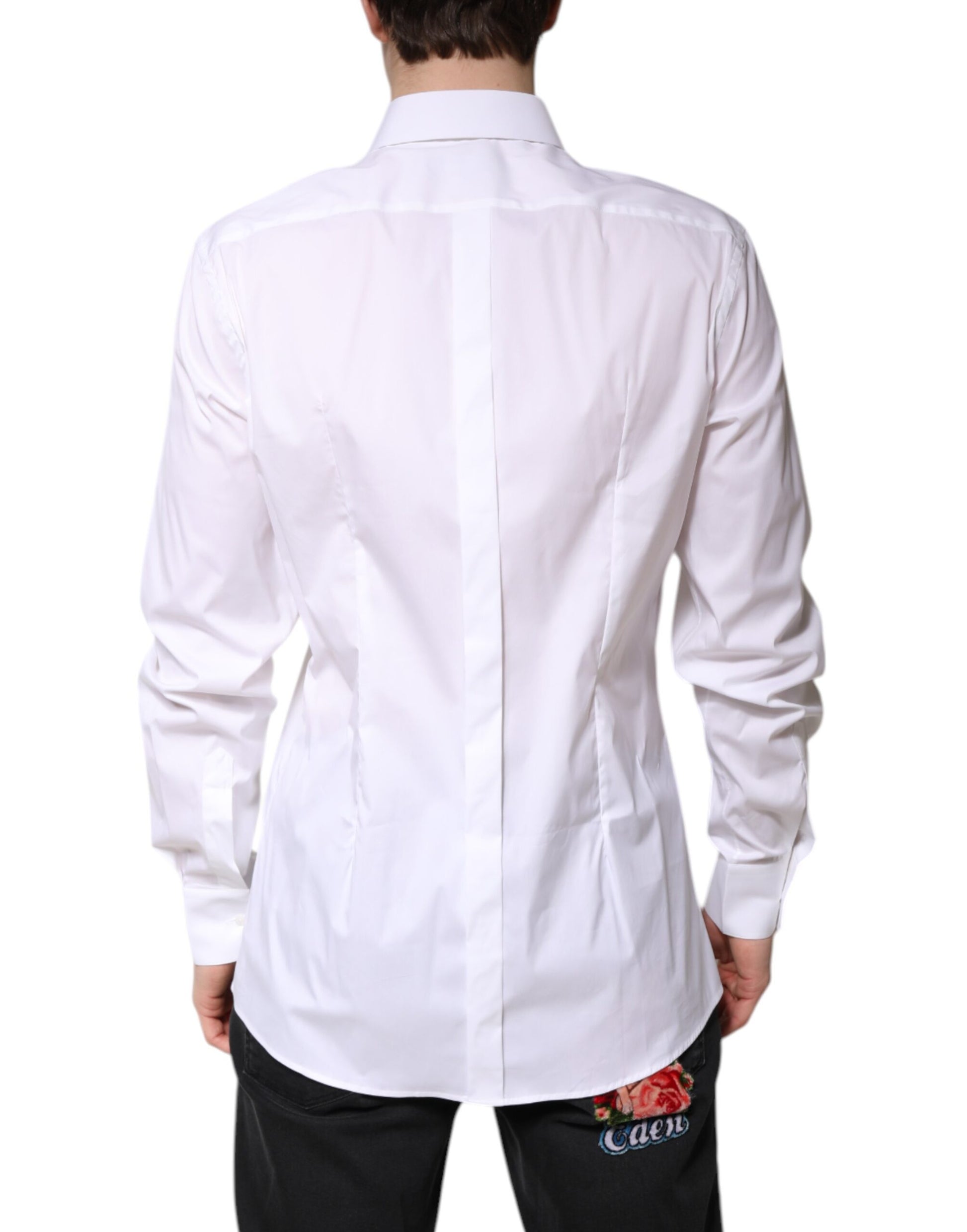 A white cotton collared shirt with gold accents, featuring a back view