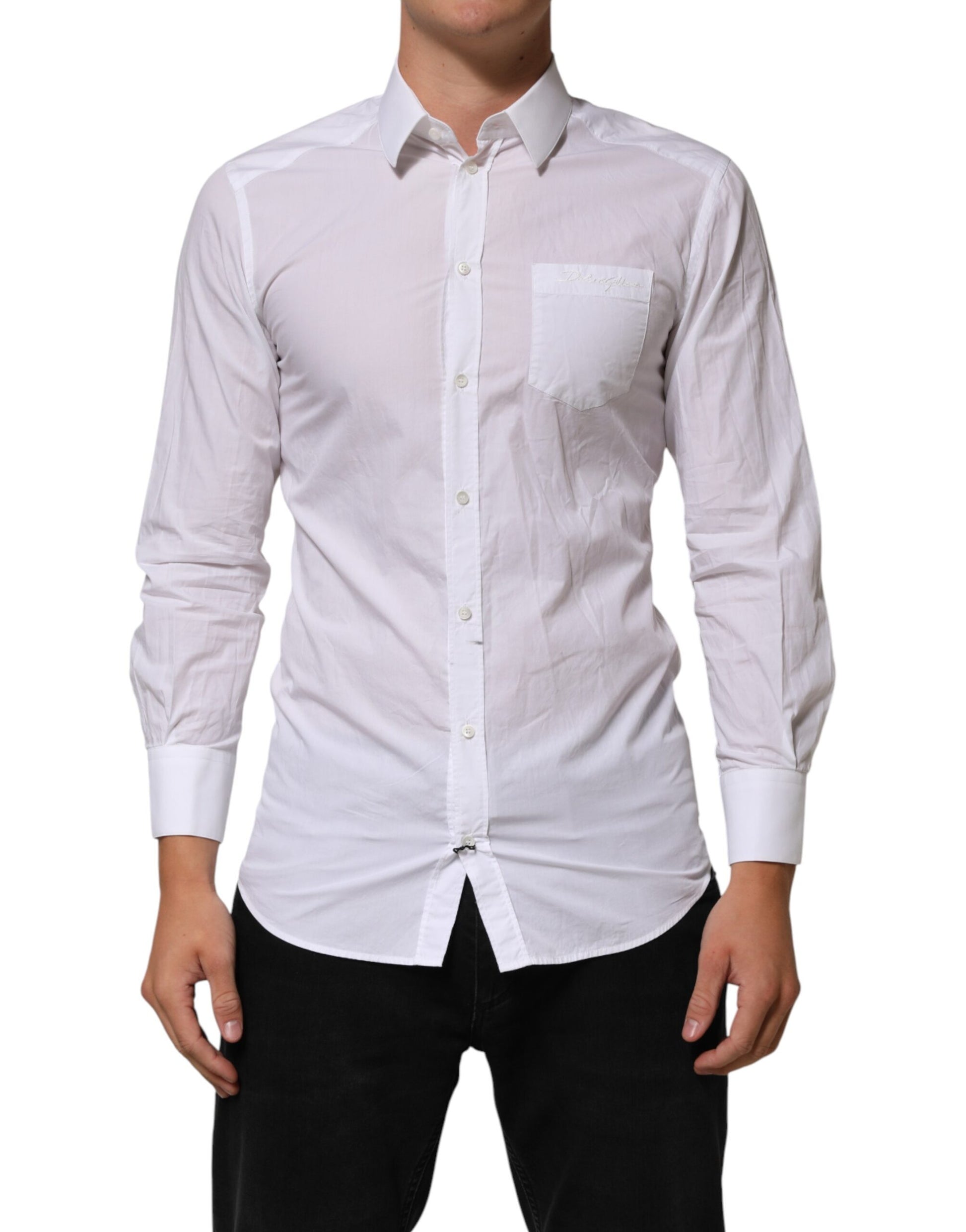 A white cotton collared dress shirt with long sleeves, worn by a mannequin