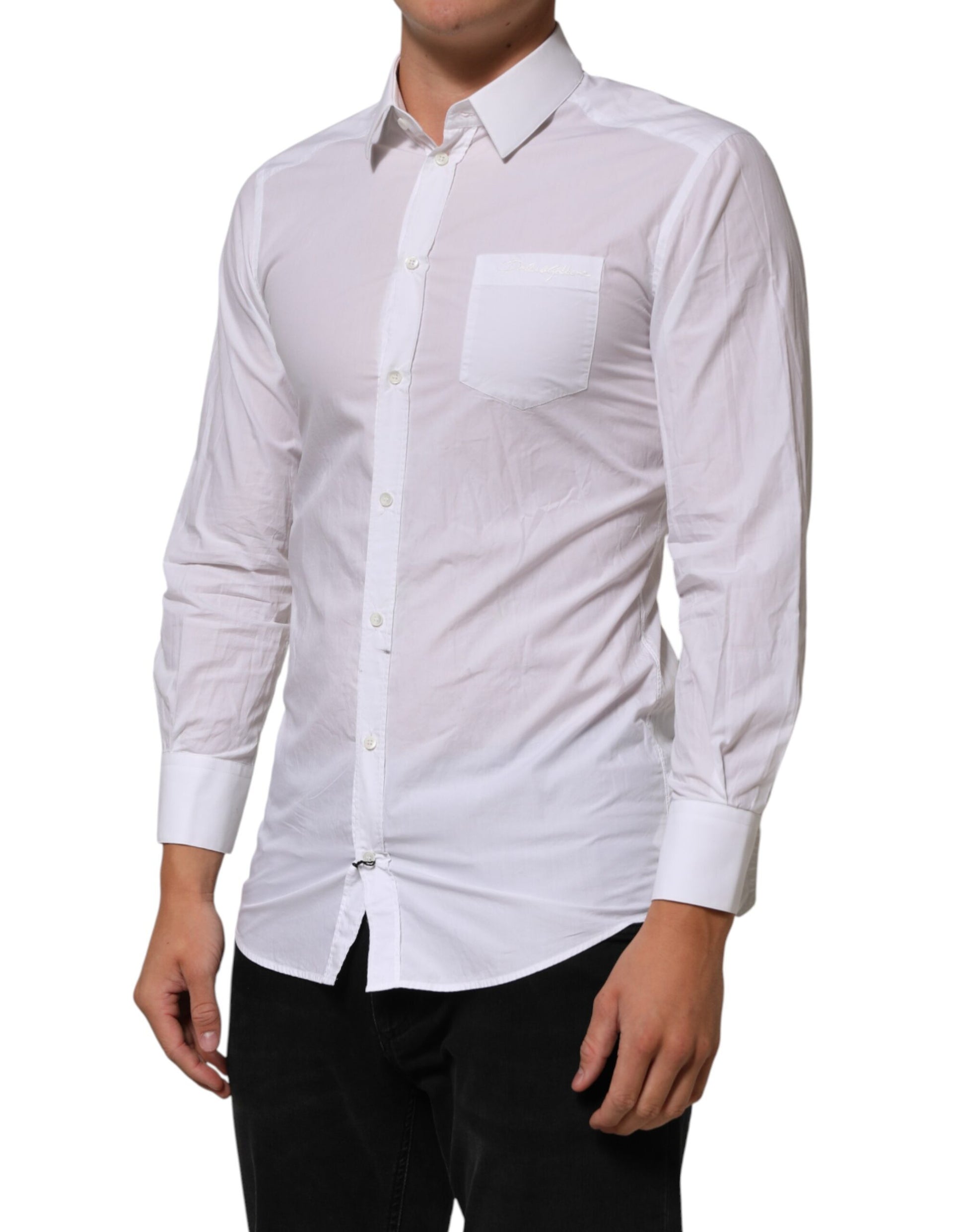 White cotton collared men's dress shirt with long sleeves