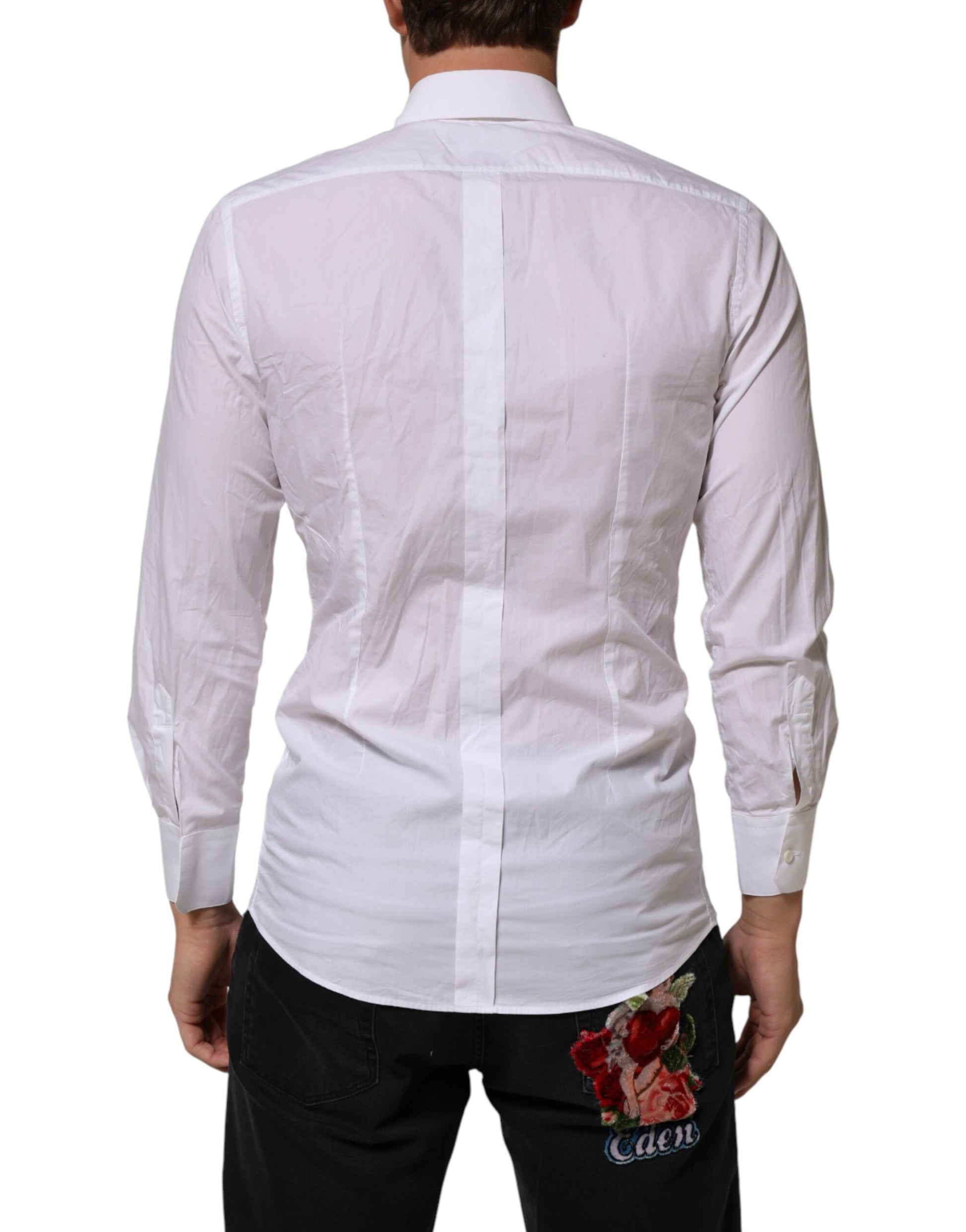 A white cotton collared dress shirt with a gold design on the back