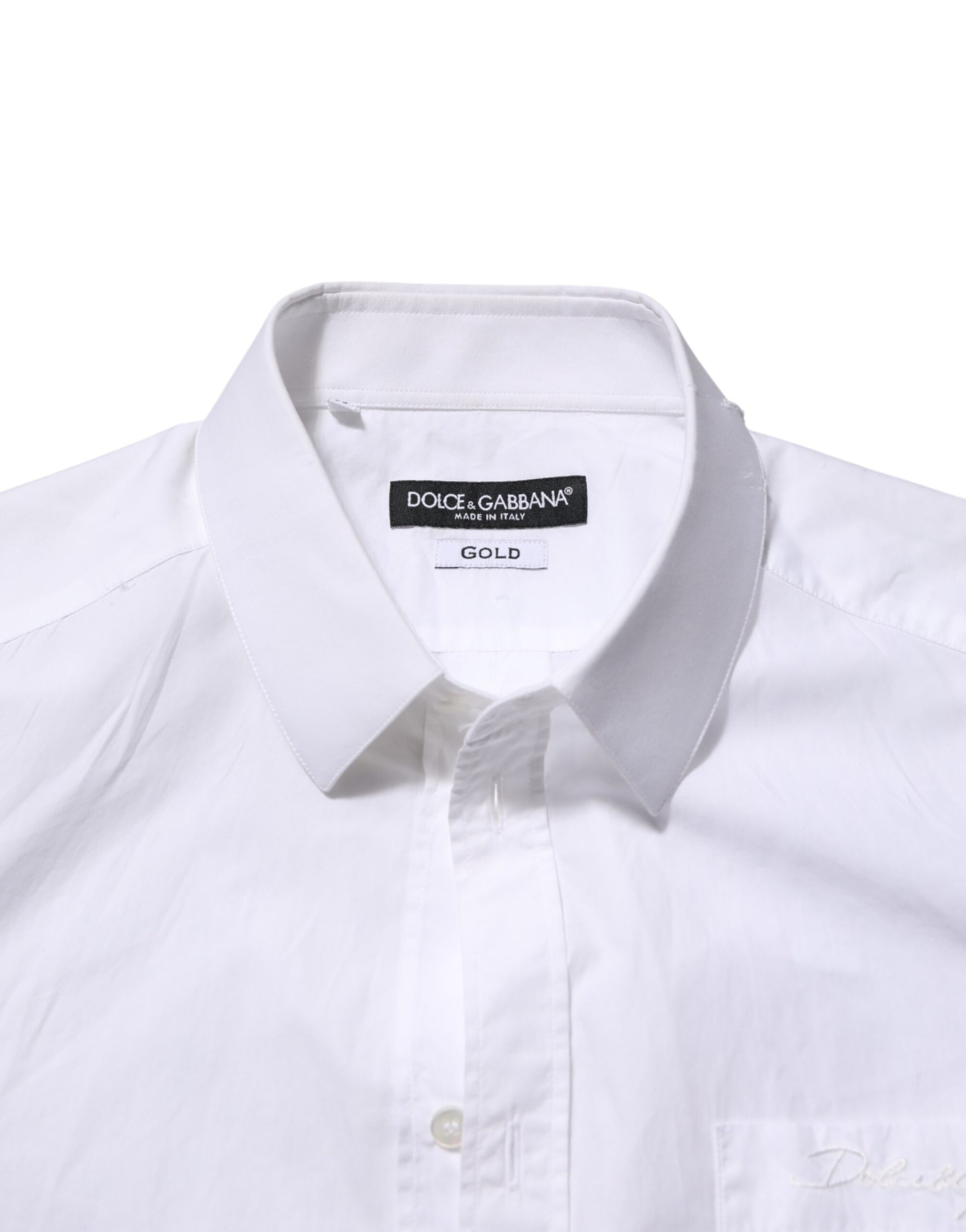A white cotton collared men's dress shirt with a gold label