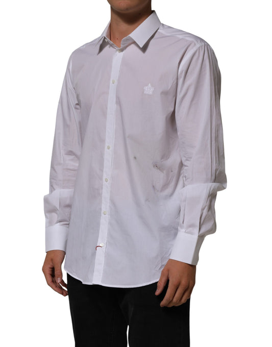 A white cotton collared dress shirt with a logo on the left chest