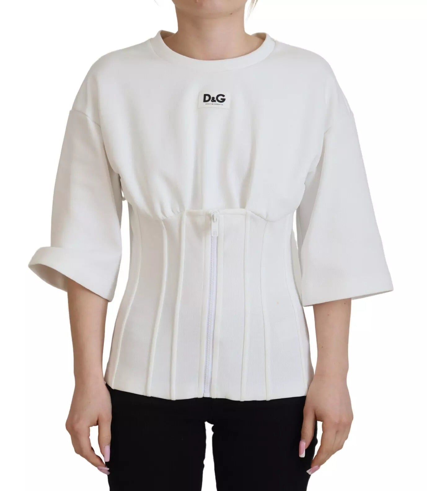 White long sleeve sweater with ribbed cuffs and hem