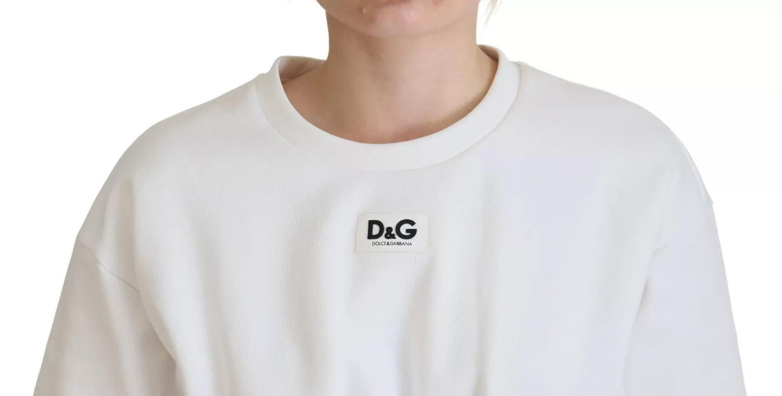 White sweatshirt with black logo on front