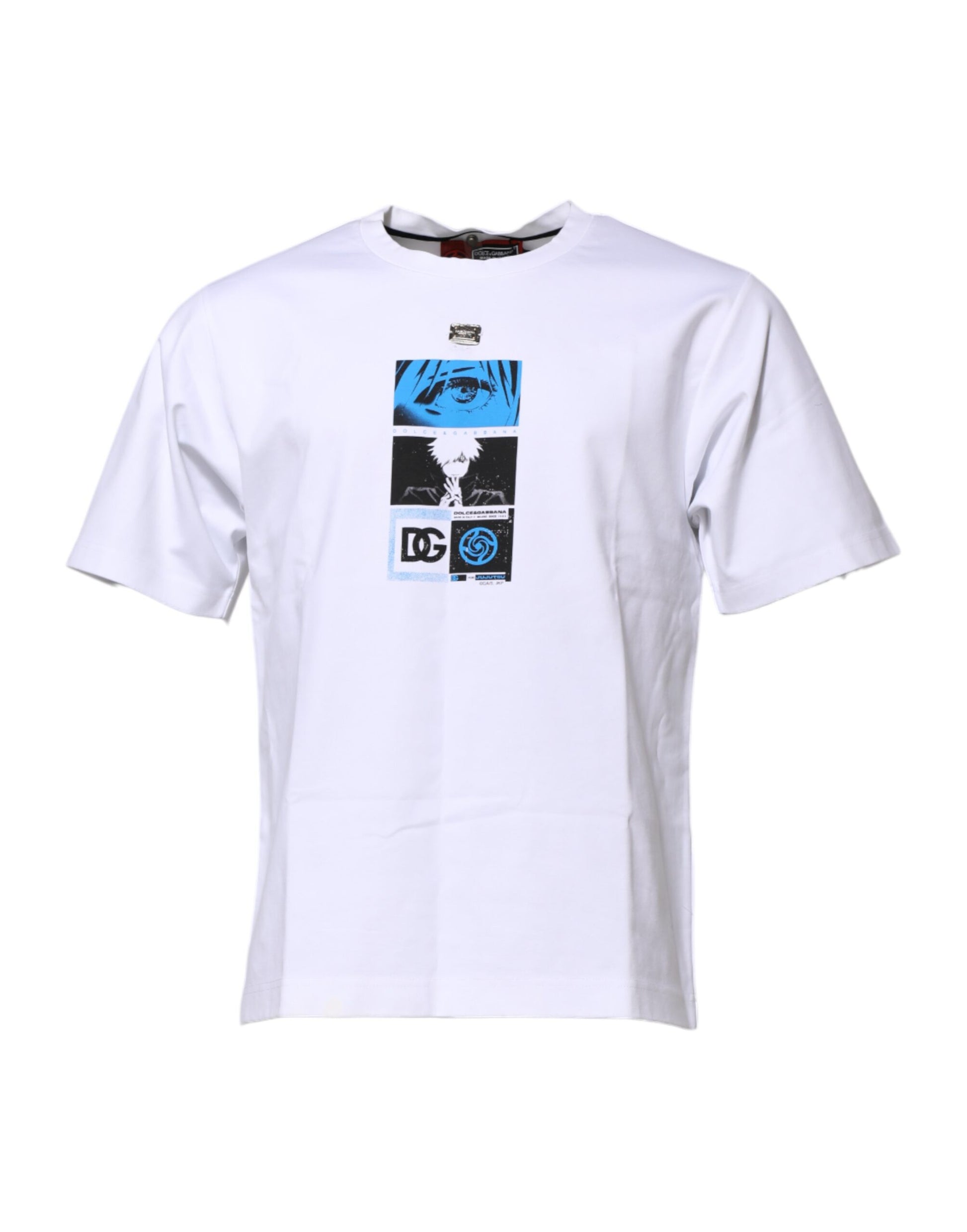 White t-shirt with blue graphic on front
