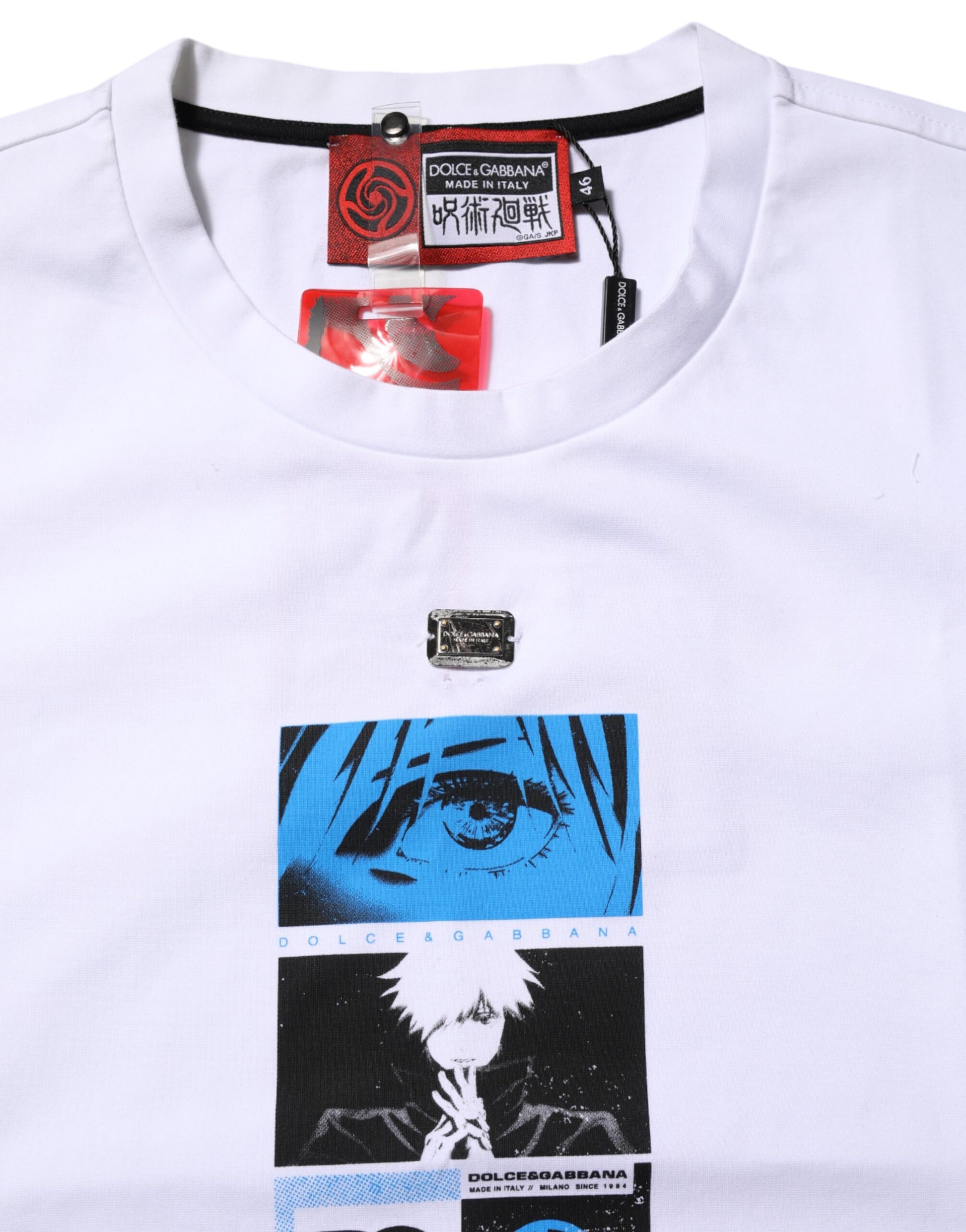 White t-shirt with graphic design featuring anime character
