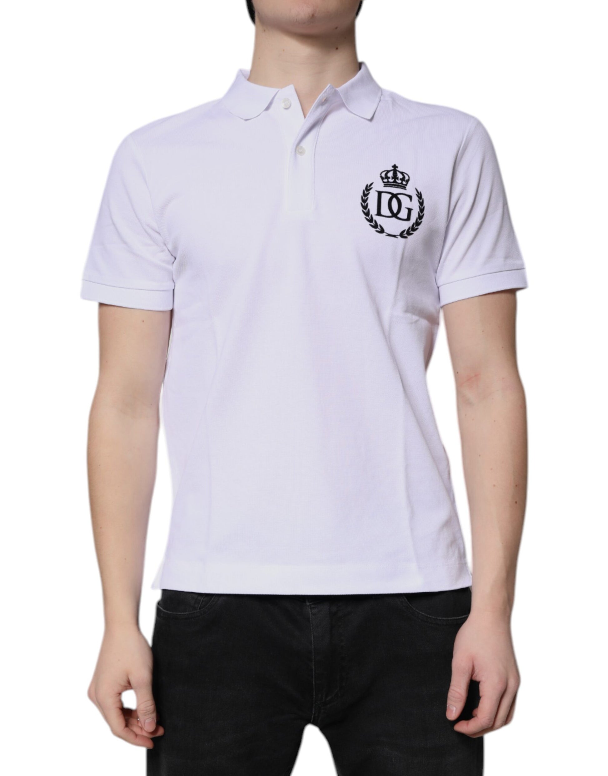 White polo shirt with black logo on left chest