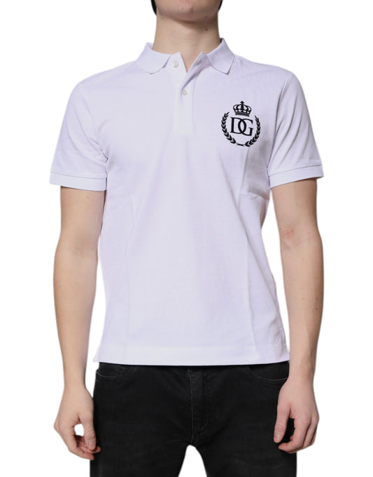 White polo shirt with black logo on left chest