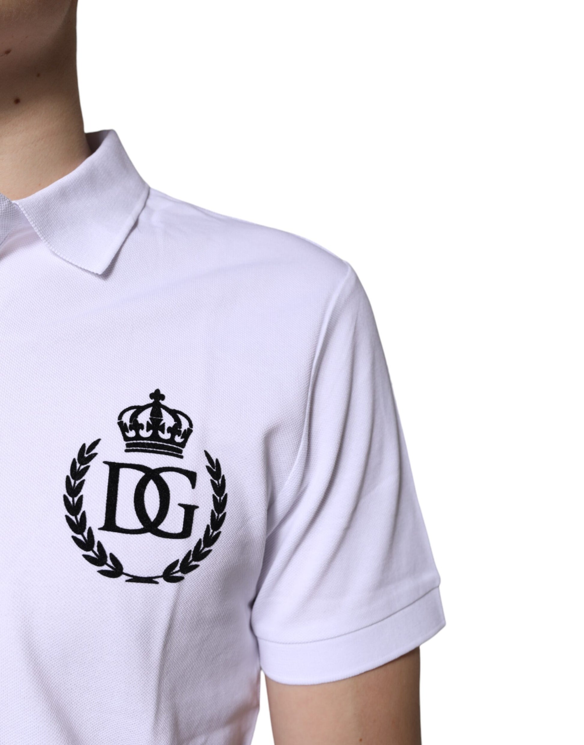 White polo shirt with embroidered logo on left chest