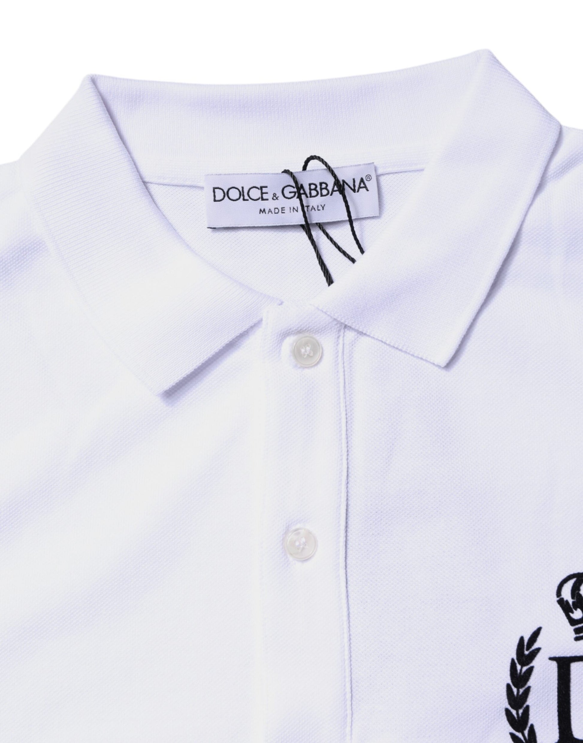 White polo shirt with black logo on left chest