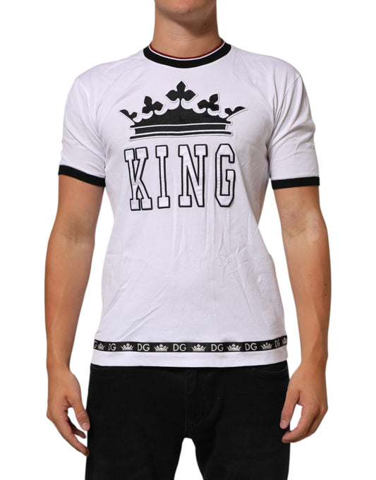 White t-shirt with "KING" printed in black letters