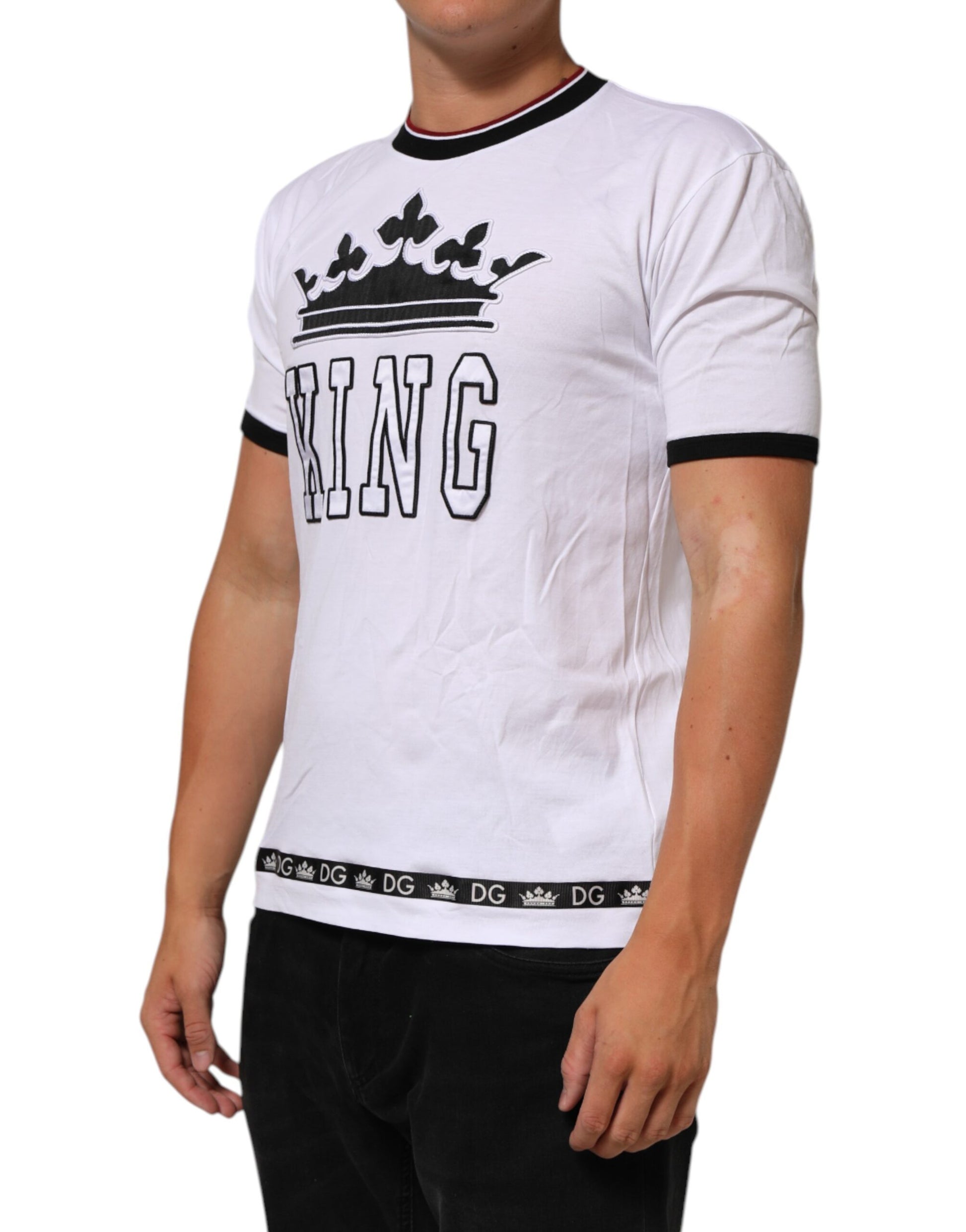 White t-shirt with black lettering and design on front