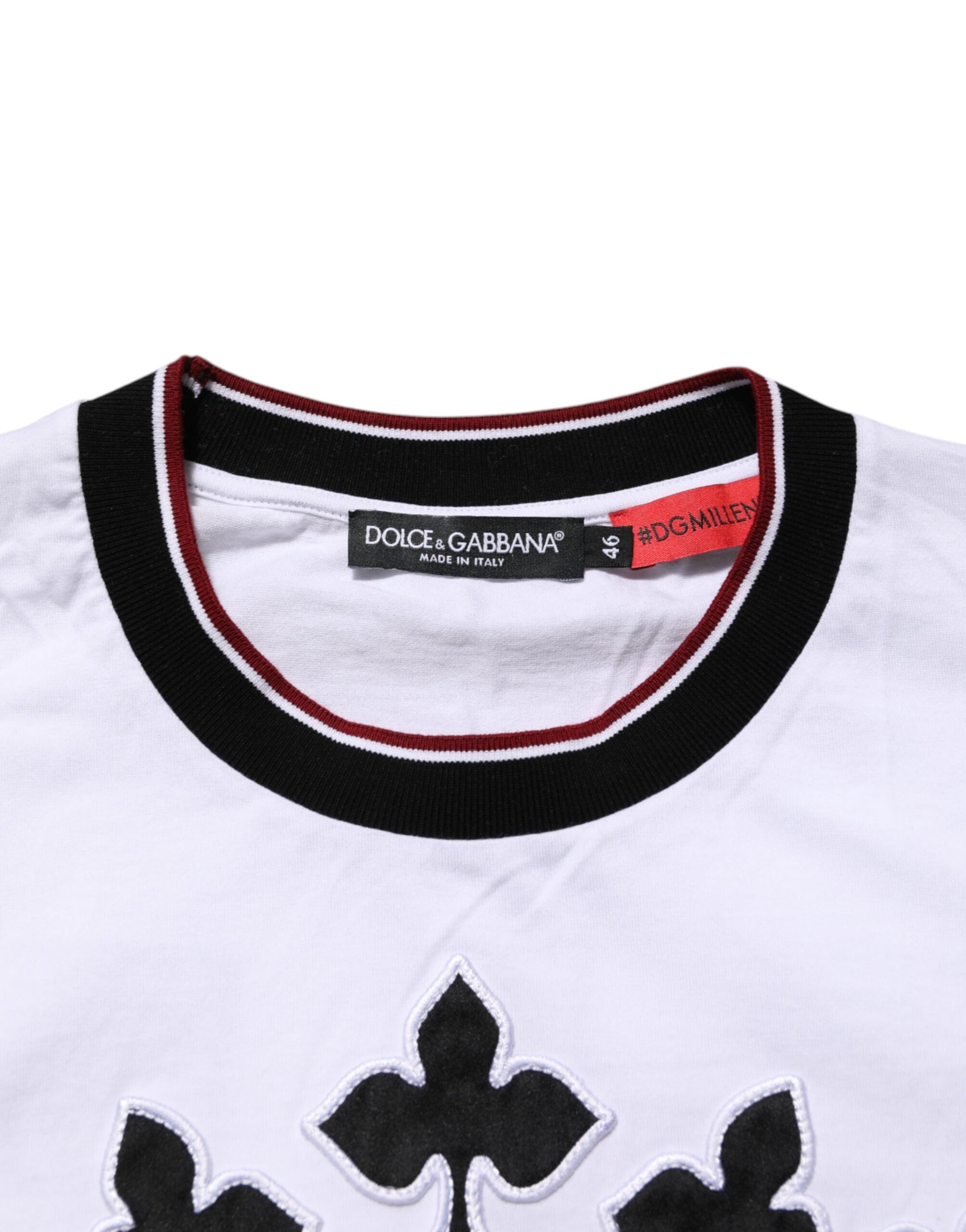 White t-shirt with red trim and black logo tag
