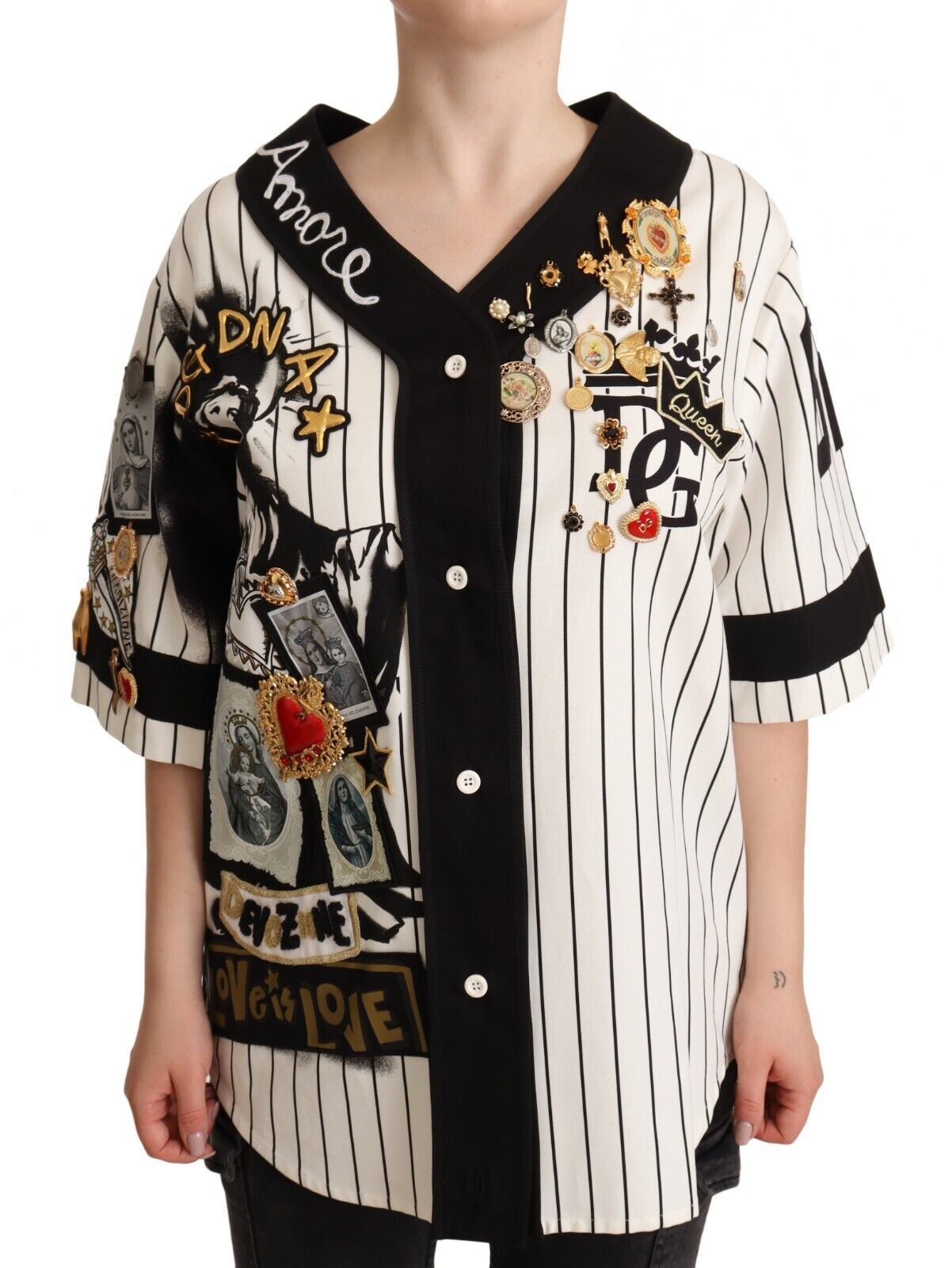 Black and white striped jacket with patches and buttons