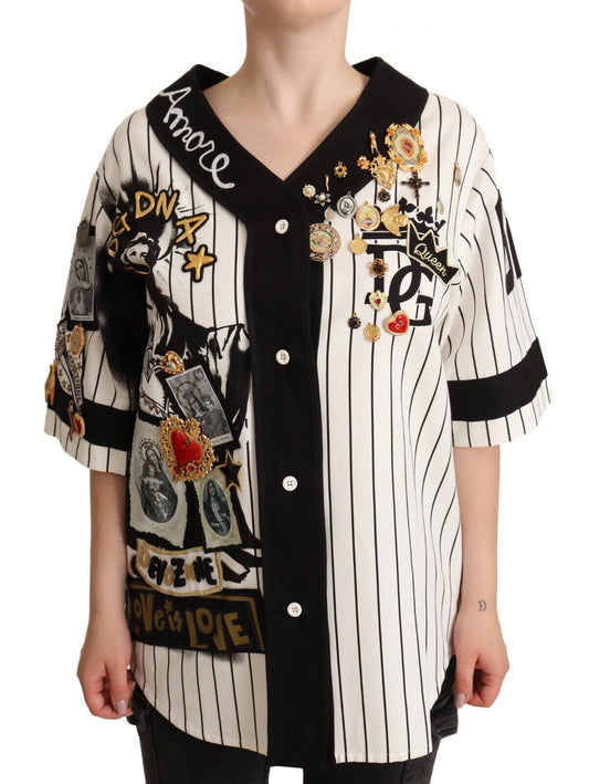 Black and white striped jacket with patches and buttons