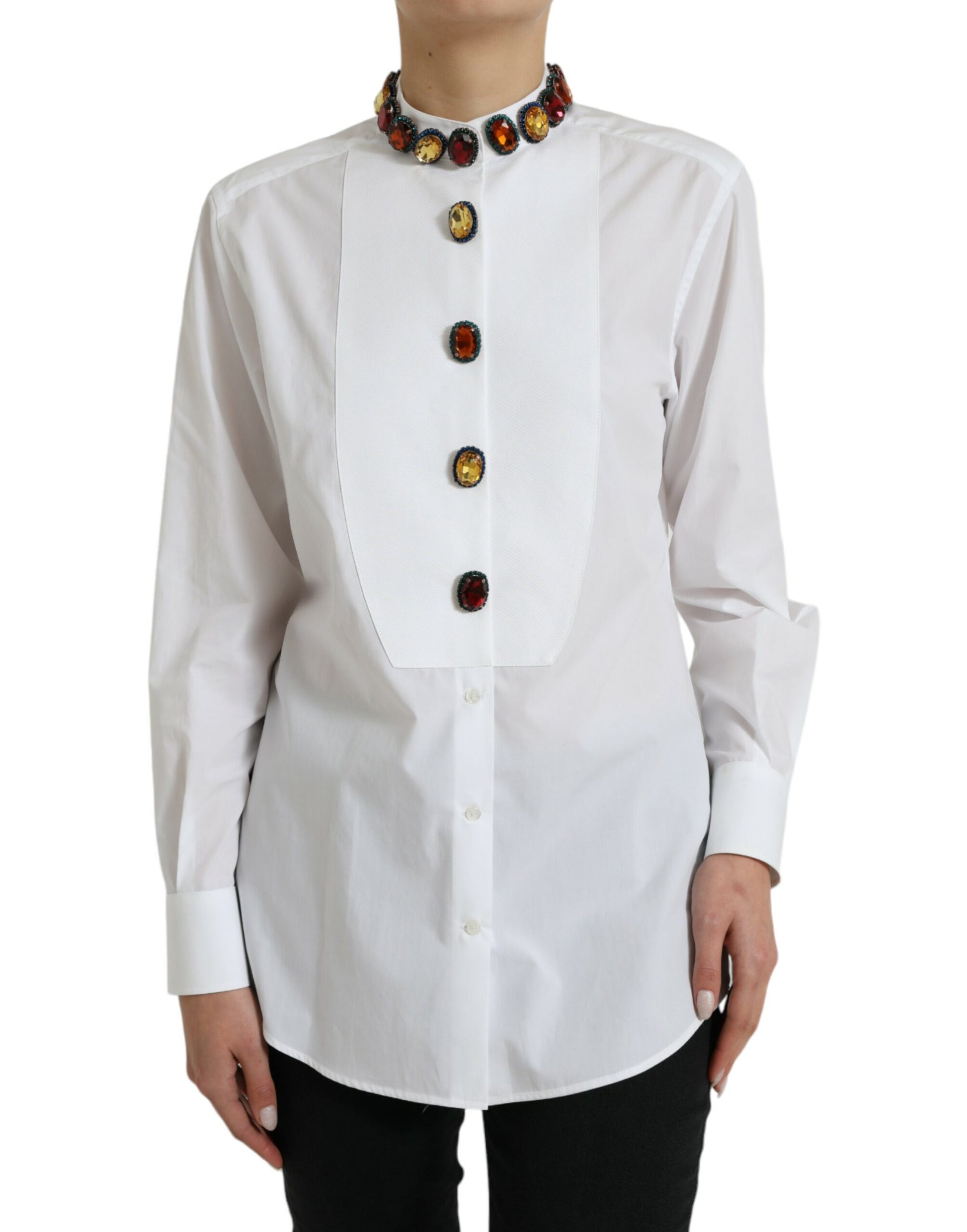 White shirt with red buttons and a collar