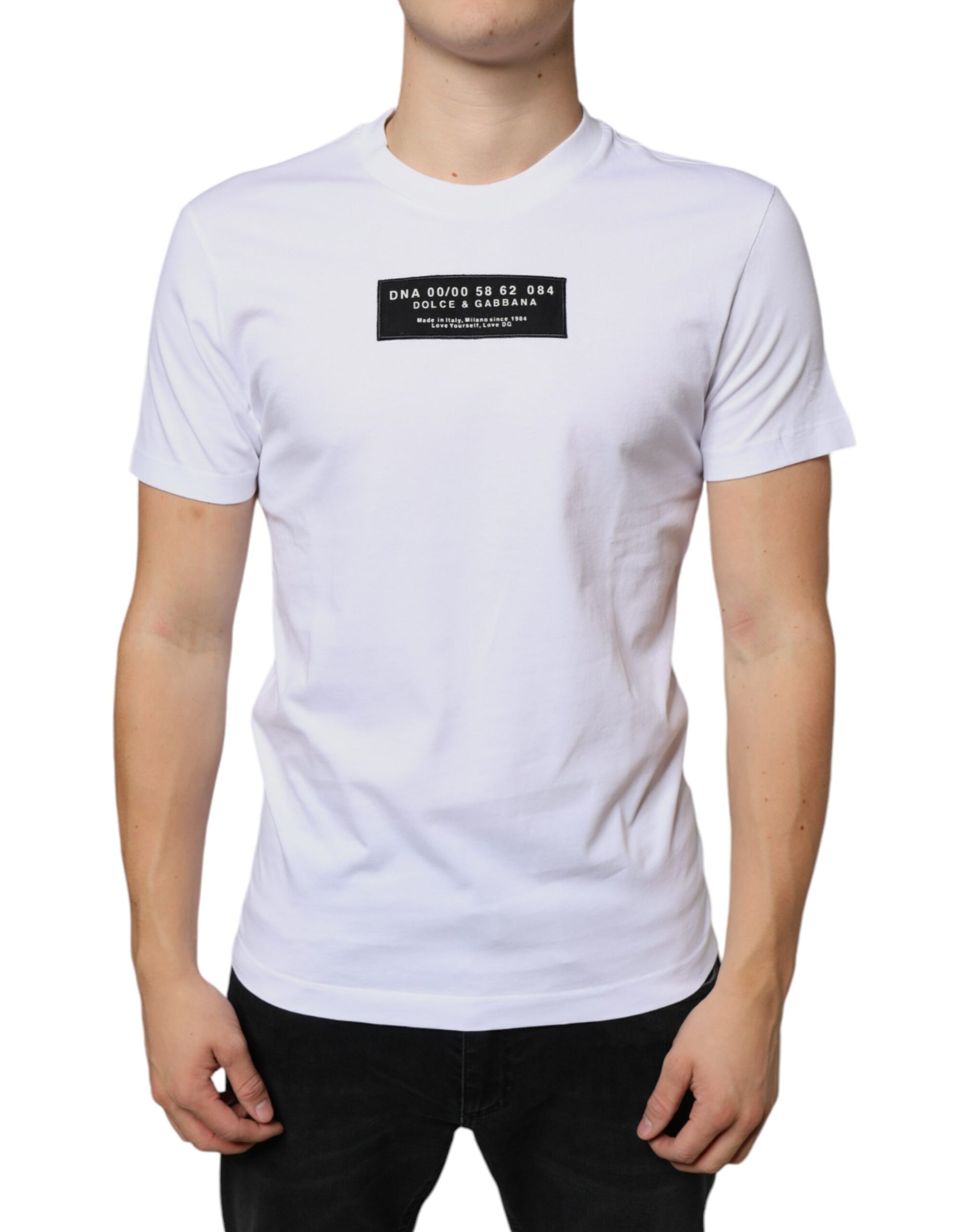 White t-shirt with black text on front