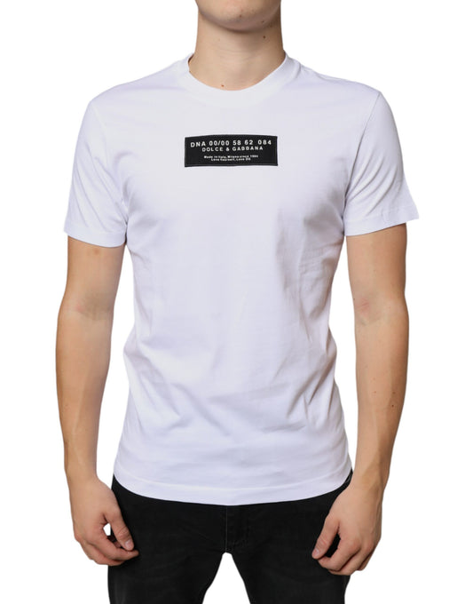 White t-shirt with black text on front