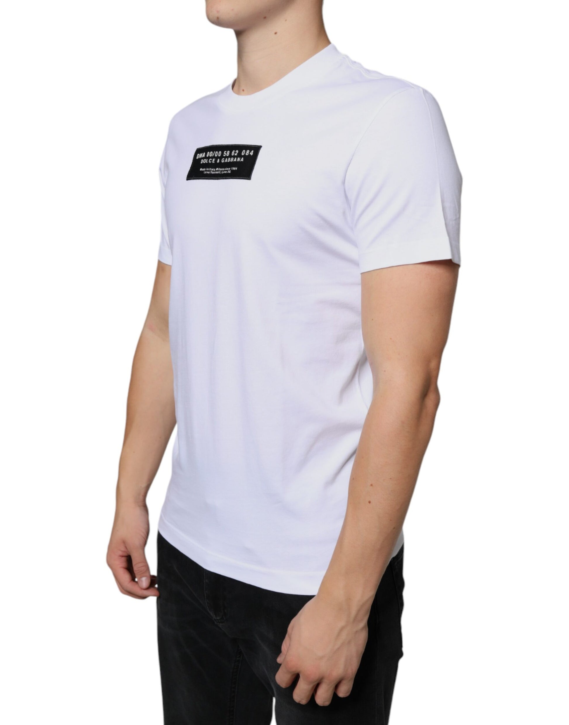 White t-shirt with black lettering on front
