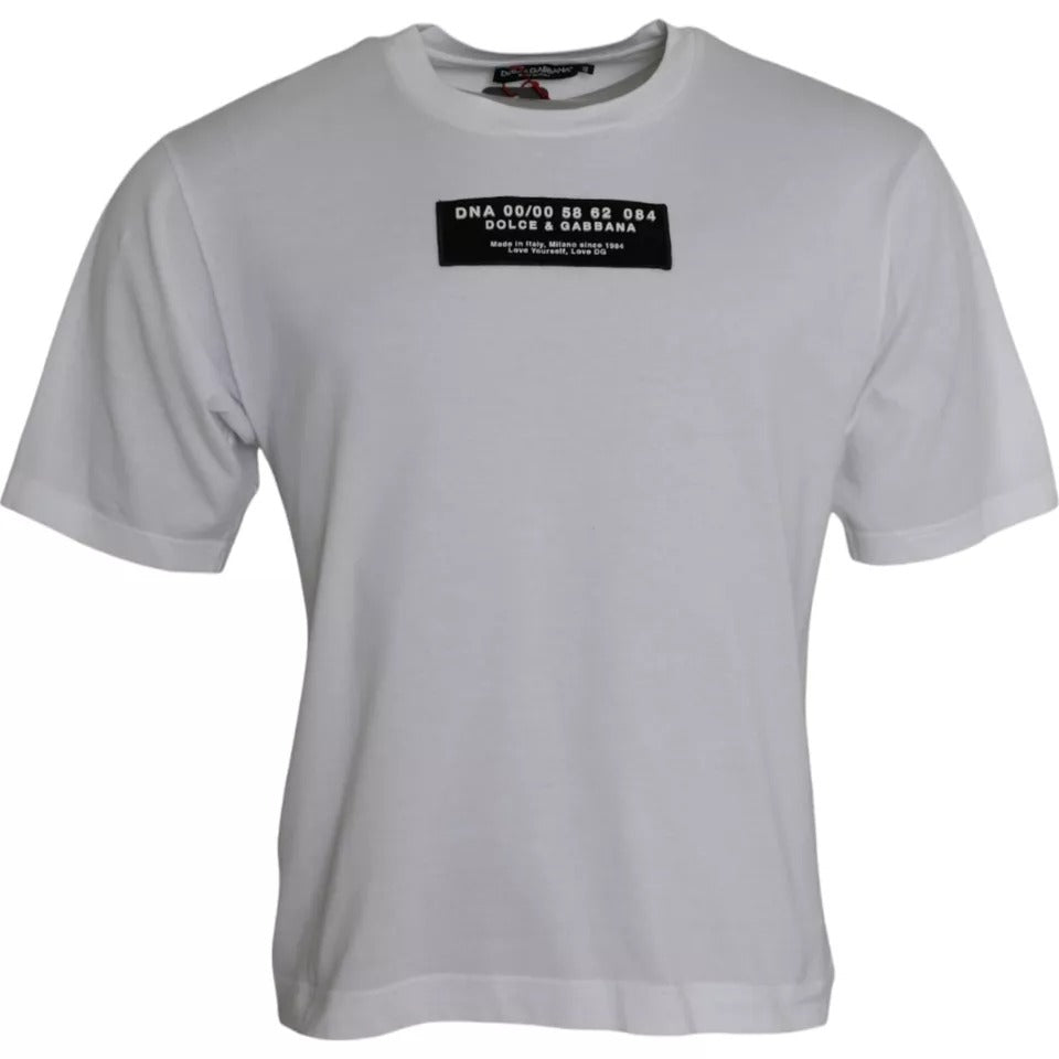 White t-shirt with black text on front