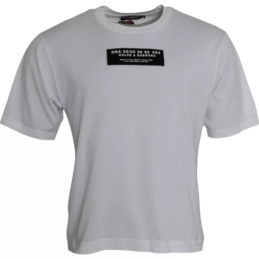 White t-shirt with black text on front