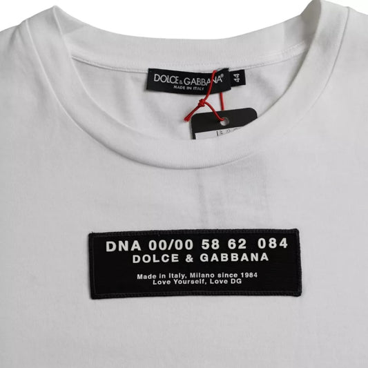 White t-shirt with black label on front