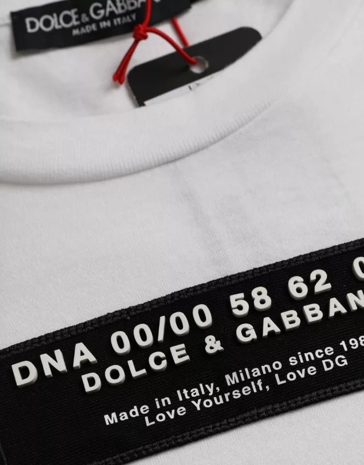 White t-shirt with black label and red stitching