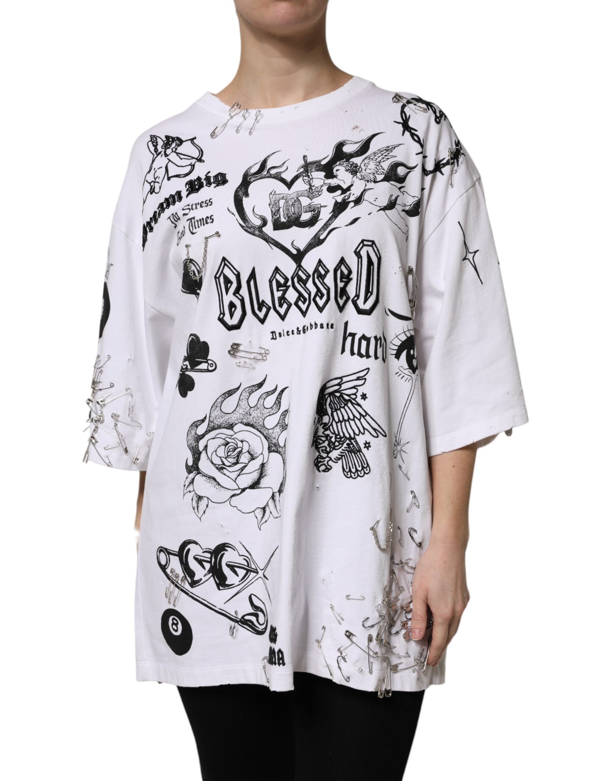 White t-shirt with black and white designs