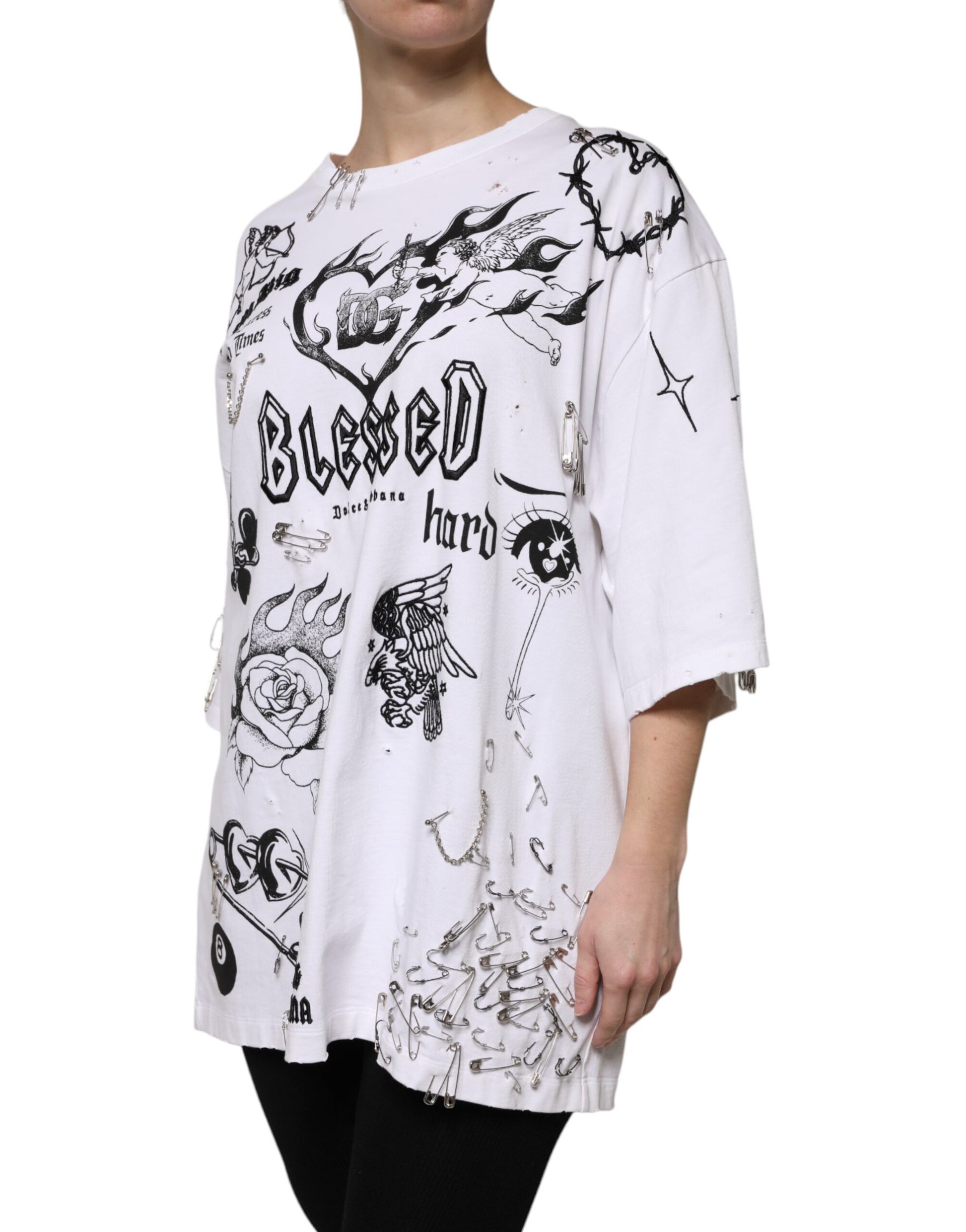 White long sleeve shirt with black and white designs