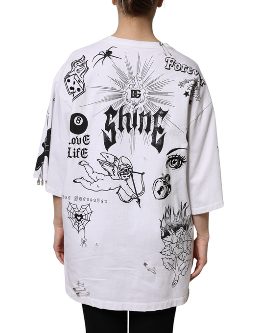 Long sleeve white coat with various designs and text