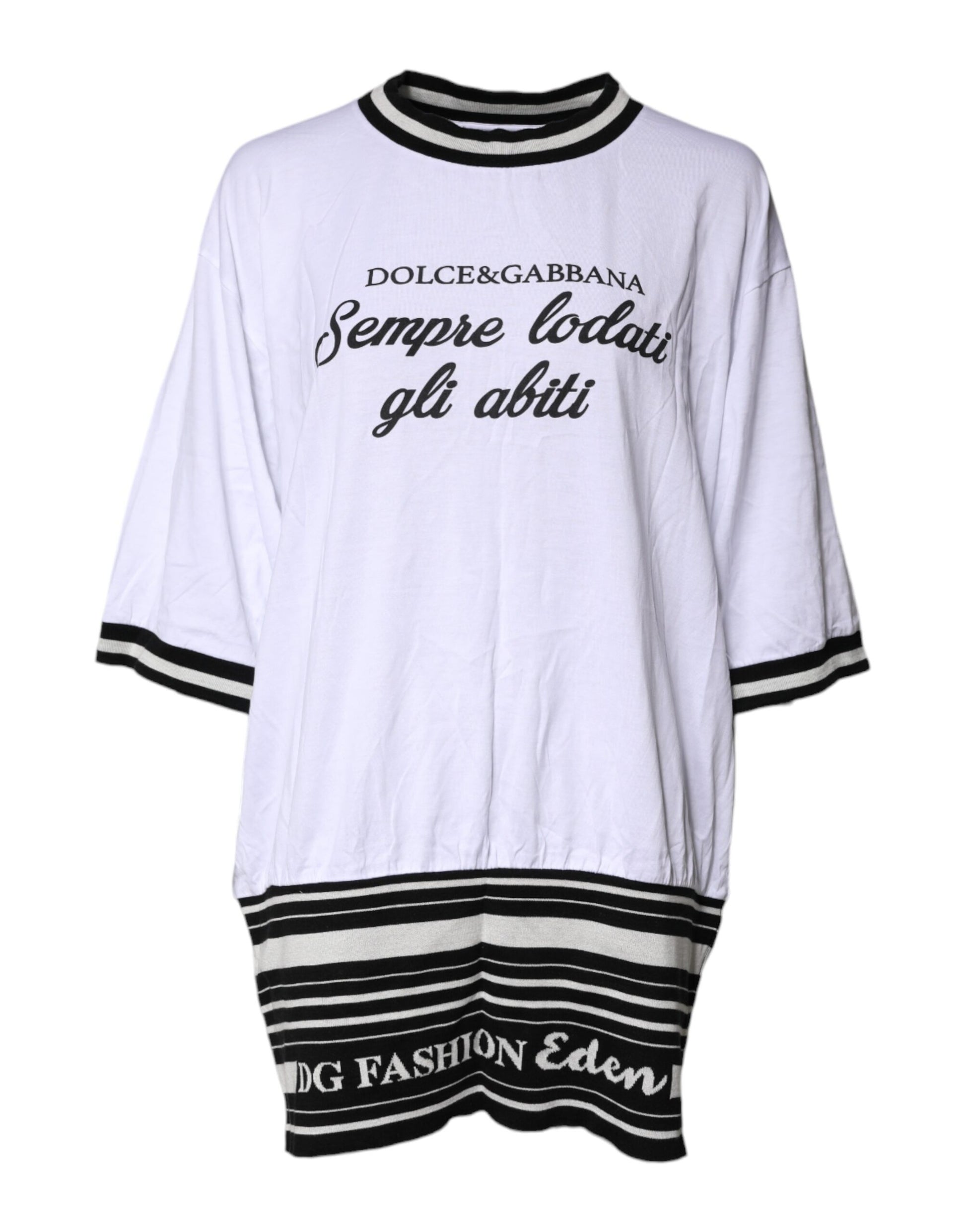 White long sleeve shirt with black stripes on sleeves and hem
