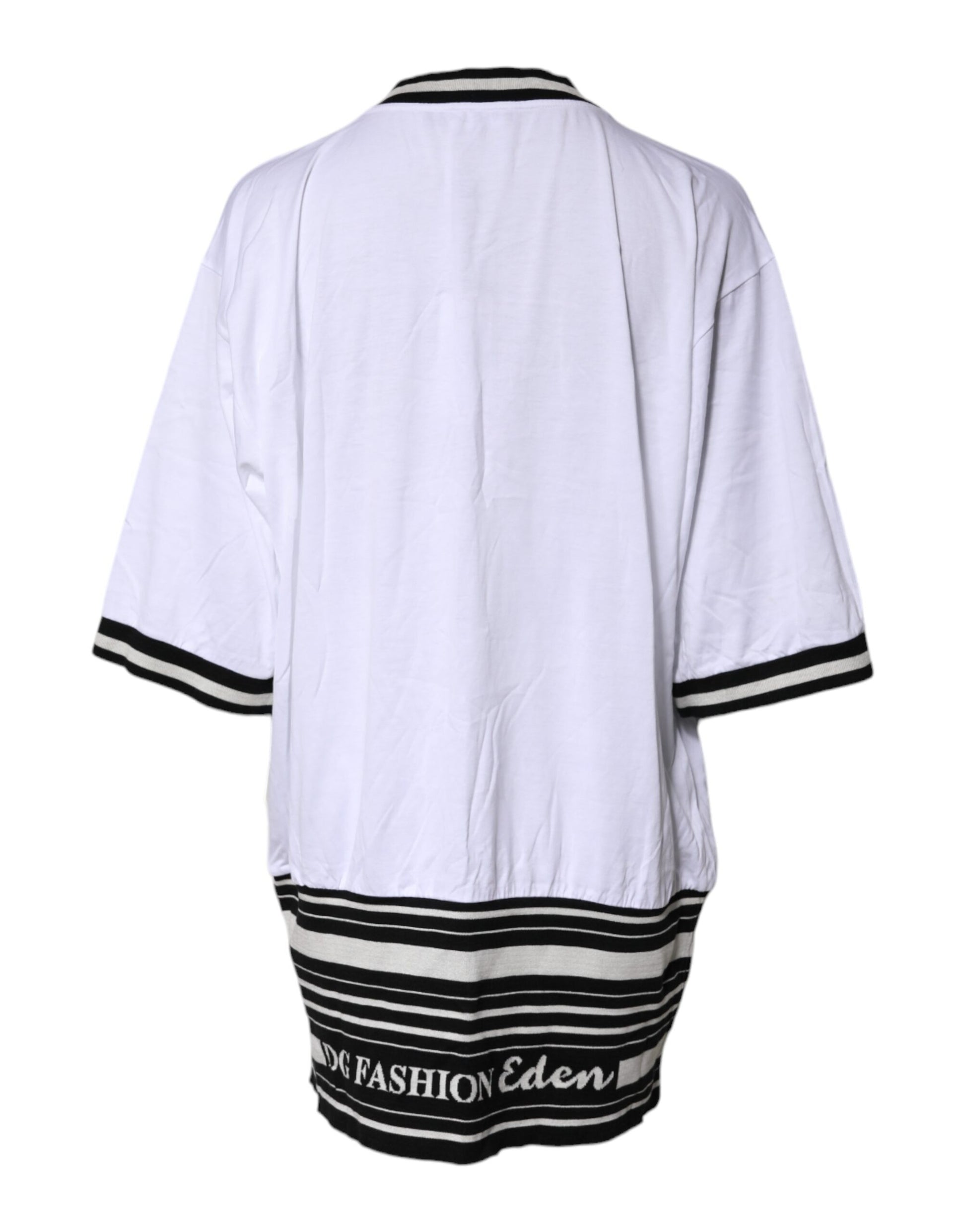 White robe with black trim and "Fashionista" written on back