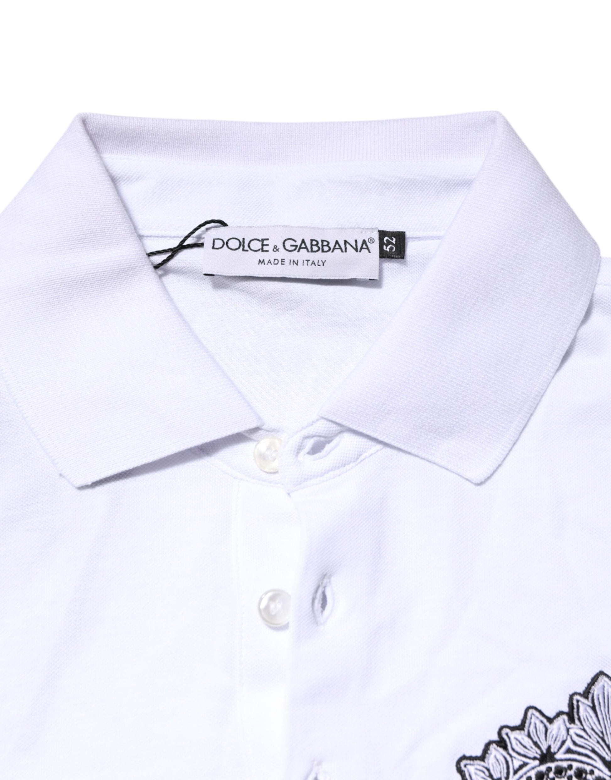 White polo shirt with black logo tag
