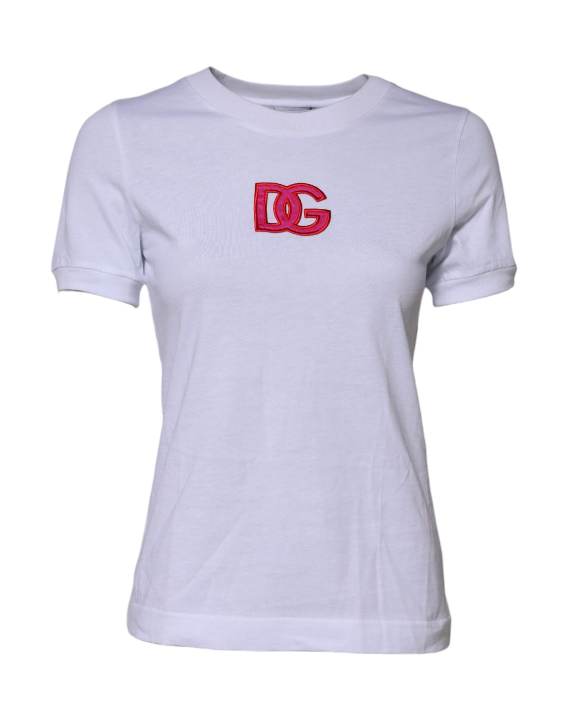White t-shirt with red logo on front