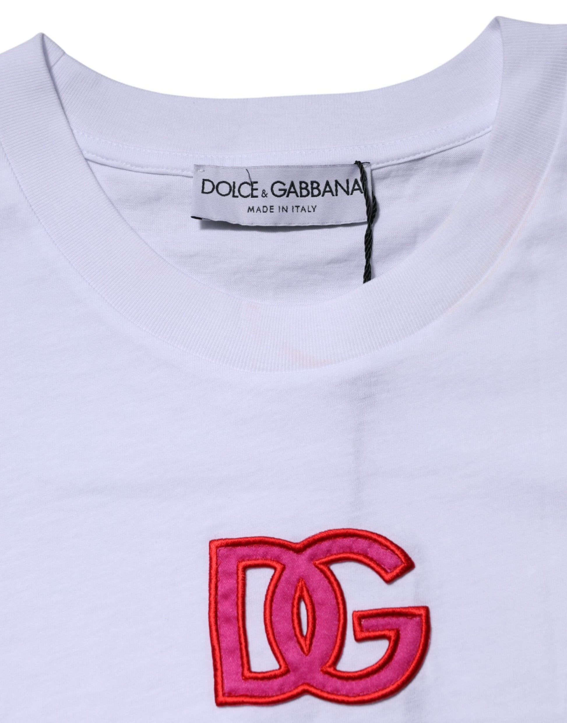 White t-shirt with red logo on front