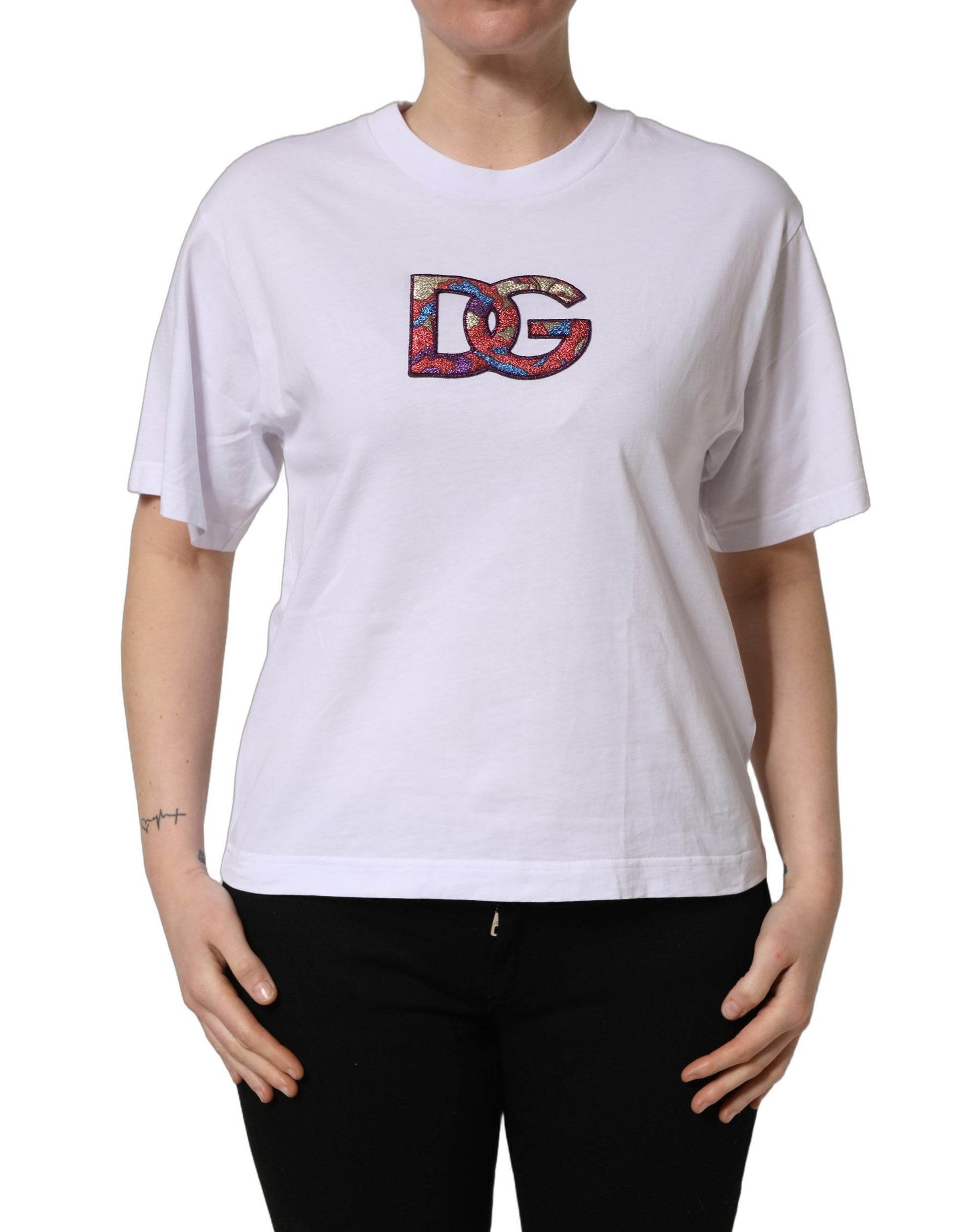 White cotton t-shirt with colorful D&G logo patch
